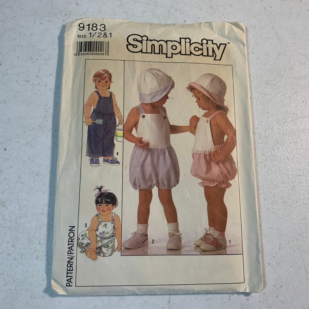 vintage sewing pattern Simplicity 9183 toddler rompers overalls hats 1989 1980s